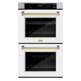 ZLINE Autograph Edition 30 in. Professional True Convection Double Wall Oven with Air Fry and Self Clean in Stainless Steel with White Matte Doors and Champagne Bronze Handles (WADZ-WM-30-CB) - (WADZWM30CB) -