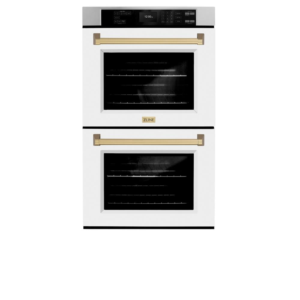 ZLINE Autograph Edition 30 in. Professional True Convection Double Wall Oven with Air Fry and Self Clean in Stainless Steel with White Matte Doors and Champagne Bronze Handles (WADZ-WM-30-CB) - (WADZWM30CB) -