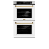 ZLINE Autograph Edition 30 in. Professional True Convection Double Wall Oven with Air Fry and Self Clean in Stainless Steel with White Matte Doors and Champagne Bronze Handles (WADZ-WM-30-CB) - (WADZWM30CB) -