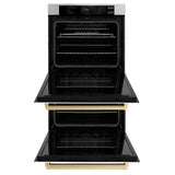 ZLINE Autograph Edition 30 in. Professional True Convection Double Wall Oven with Air Fry and Self Clean in Stainless Steel with White Matte Doors and Champagne Bronze Handles (WADZ-WM-30-CB) - (WADZWM30CB) -