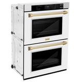 ZLINE Autograph Edition 30 in. Professional True Convection Double Wall Oven with Air Fry and Self Clean in Stainless Steel with White Matte Doors and Champagne Bronze Handles (WADZ-WM-30-CB) - (WADZWM30CB) -