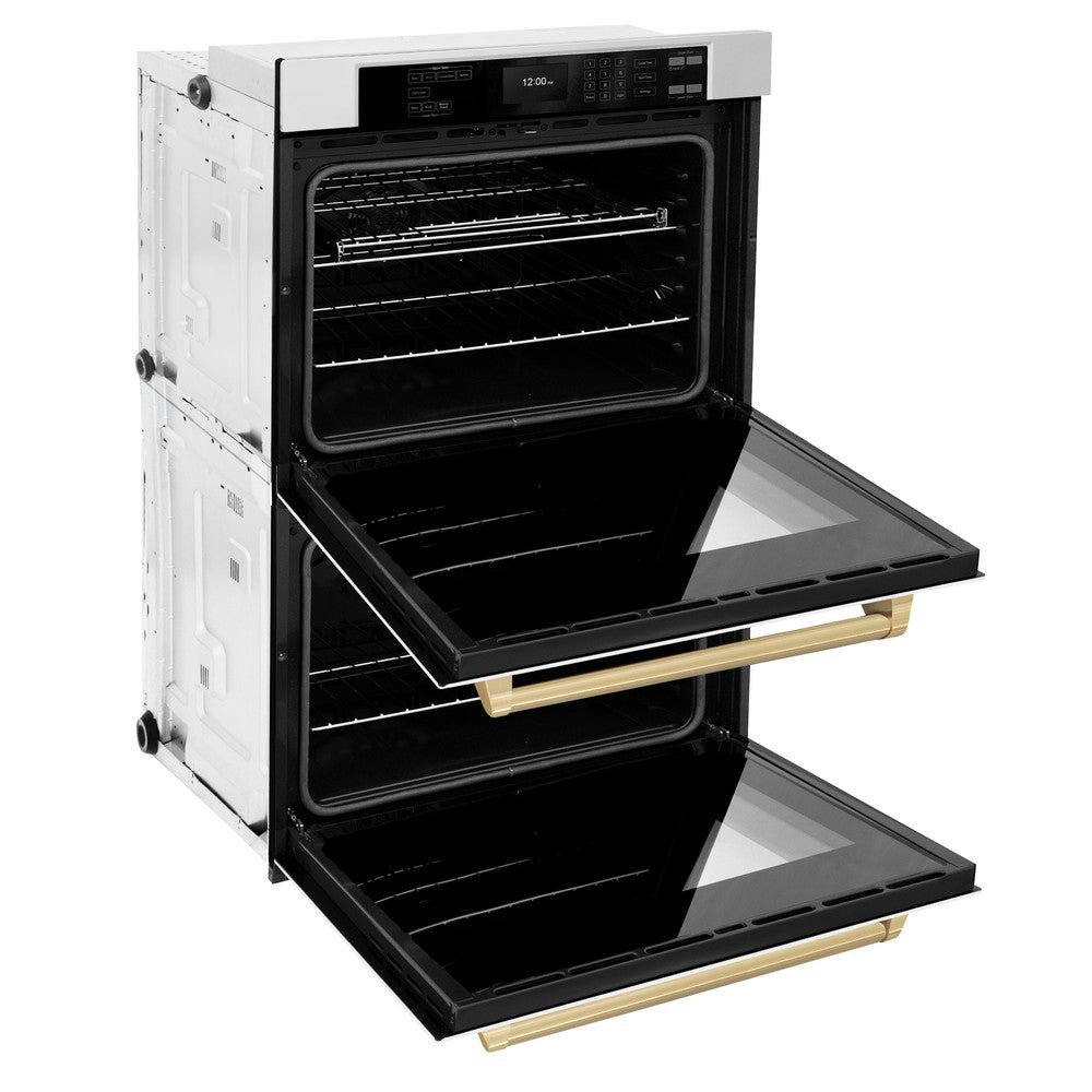 ZLINE Autograph Edition 30 in. Professional True Convection Double Wall Oven with Air Fry and Self Clean in Stainless Steel with White Matte Doors and Champagne Bronze Handles (WADZ-WM-30-CB) - (WADZWM30CB) -