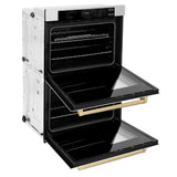 ZLINE Autograph Edition 30 in. Professional True Convection Double Wall Oven with Air Fry and Self Clean in Stainless Steel with White Matte Doors and Champagne Bronze Handles (WADZ-WM-30-CB) - (WADZWM30CB) -