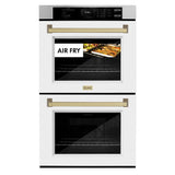 ZLINE Autograph Edition 30 in. Professional True Convection Double Wall Oven with Air Fry and Self Clean in Stainless Steel with White Matte Doors and Champagne Bronze Handles (WADZ-WM-30-CB) - (WADZWM30CB) -
