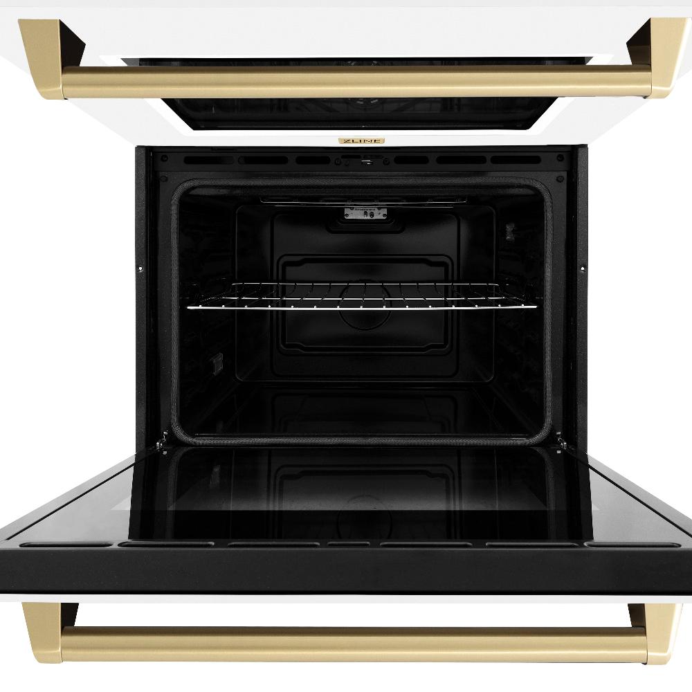 ZLINE Autograph Edition 30 in. Professional True Convection Double Wall Oven with Air Fry and Self Clean in Stainless Steel with White Matte Doors and Champagne Bronze Handles (WADZ-WM-30-CB) - (WADZWM30CB) -