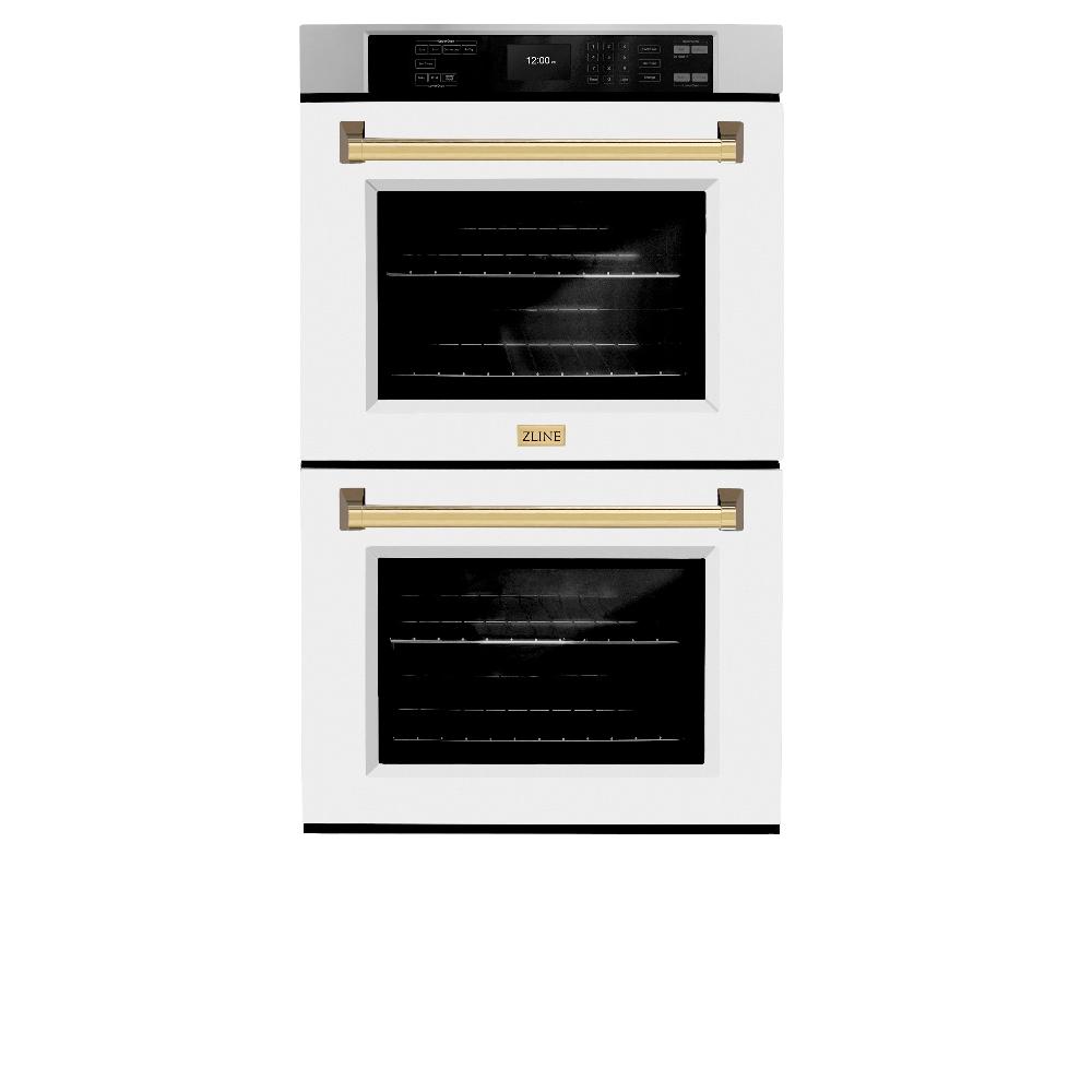 ZLINE Autograph Edition 30 in. Professional True Convection Double Wall Oven with Air Fry and Self Clean in Stainless Steel with White Matte Doors and Polished Gold Handles (WADZ-WM-30-G) - (WADZWM30G) -