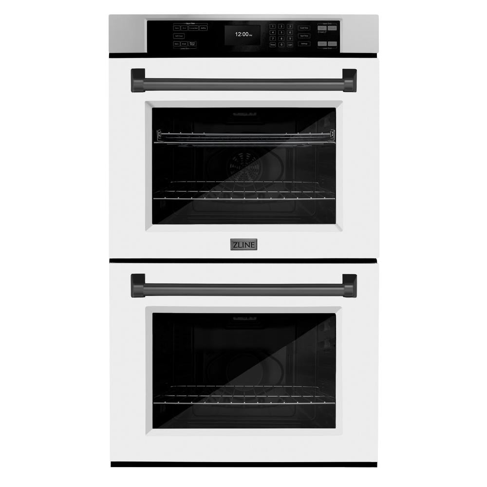 ZLINE Autograph Edition 30 in. Professional True Convection Double Wall Oven with Air Fry and Self Clean in Stainless Steel with White Matte Doors and Matte Black Handles (WADZ-WM-30-MB) - (WADZWM30MB) -
