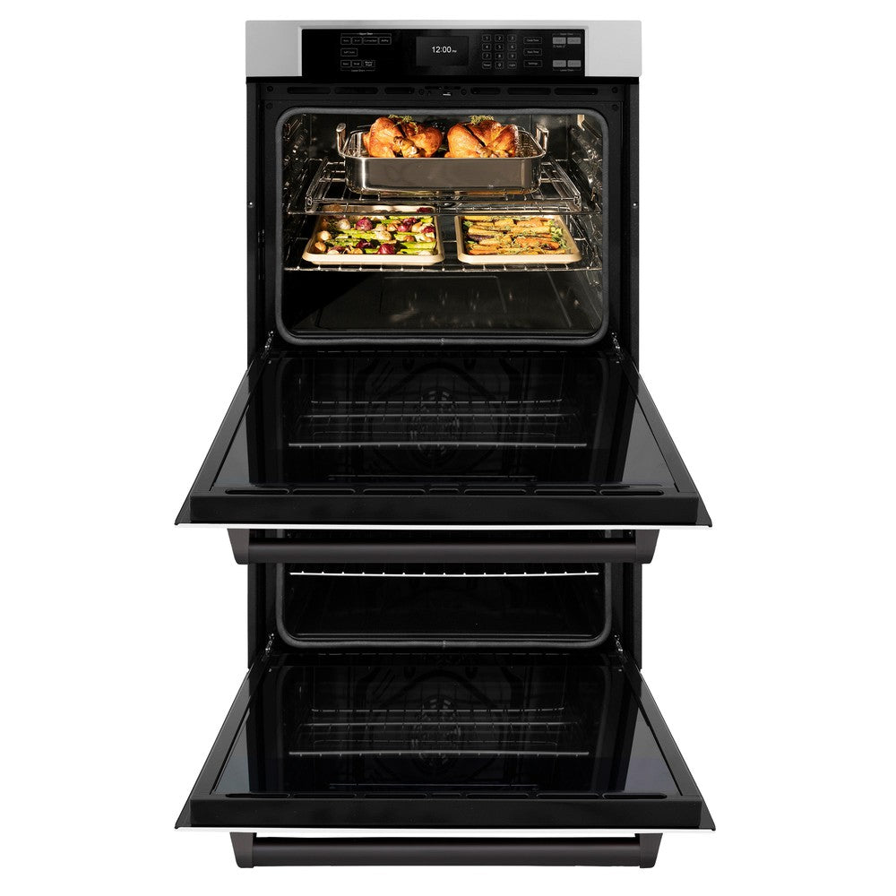 ZLINE Autograph Edition 30 in. Professional True Convection Double Wall Oven with Air Fry and Self Clean in Stainless Steel with White Matte Doors and Matte Black Handles (WADZ-WM-30-MB) - (WADZWM30MB) -