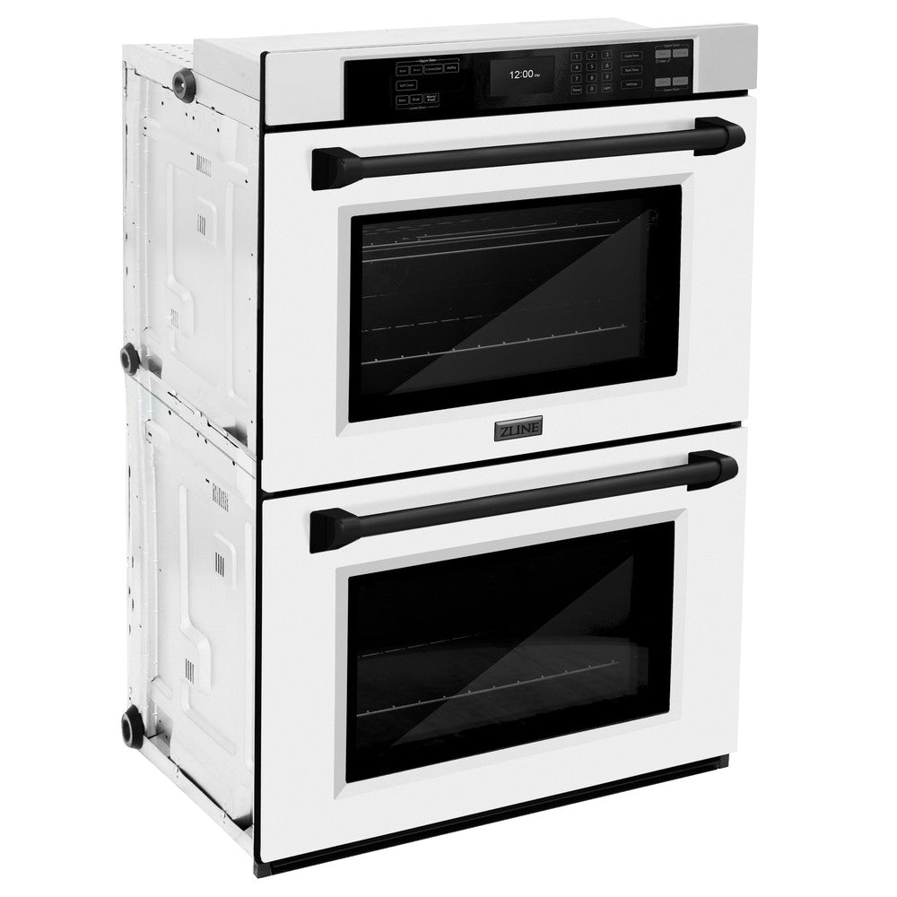 ZLINE Autograph Edition 30 in. Professional True Convection Double Wall Oven with Air Fry and Self Clean in Stainless Steel with White Matte Doors and Matte Black Handles (WADZ-WM-30-MB) - (WADZWM30MB) -