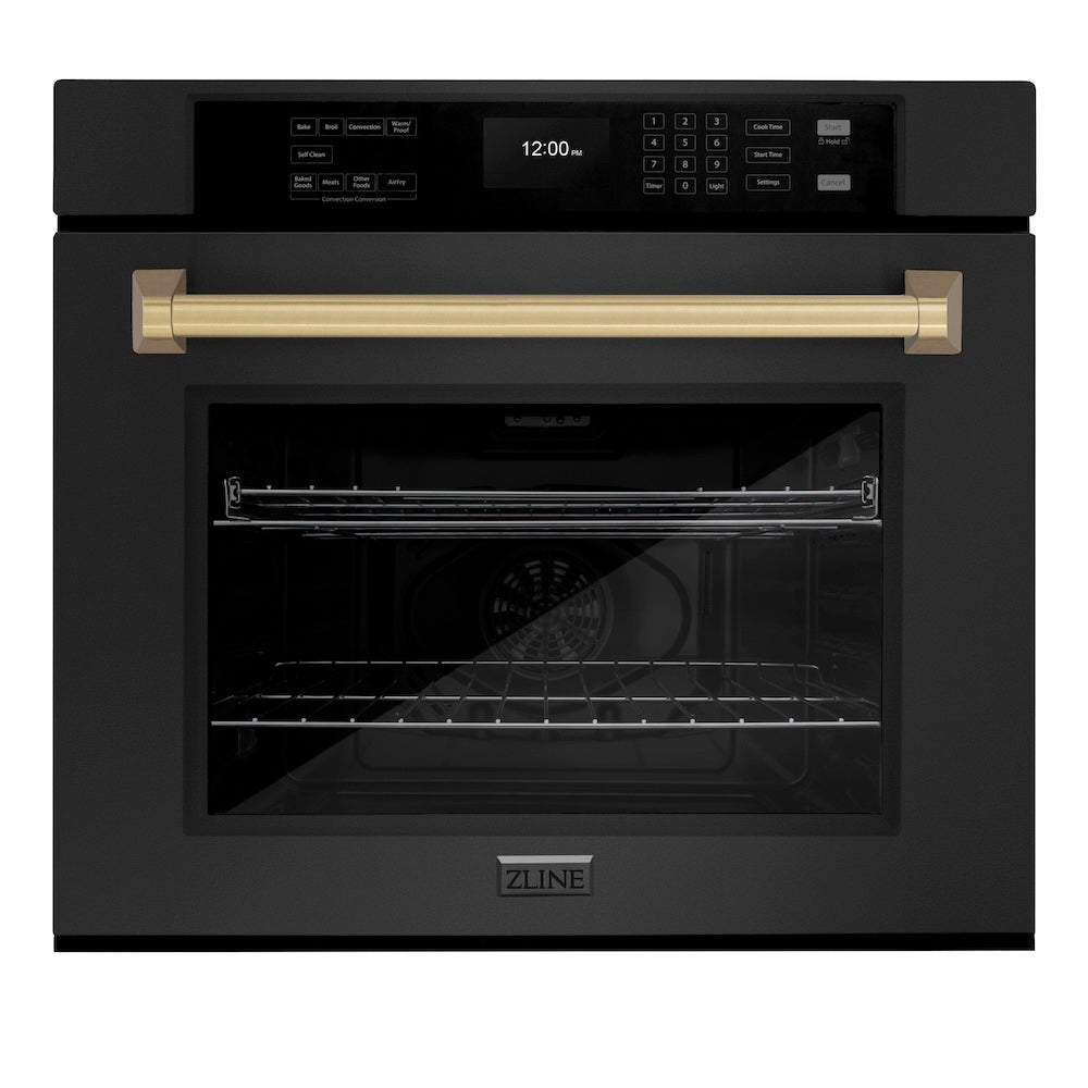 ZLINE Autograph Edition 30 in. Professional True Convection Single Wall Oven with Air Fry and Self Clean in Black Stainless Steel with Champagne Bronze Handle (WASBZ-30-CB) - (WASBZ30CB) -