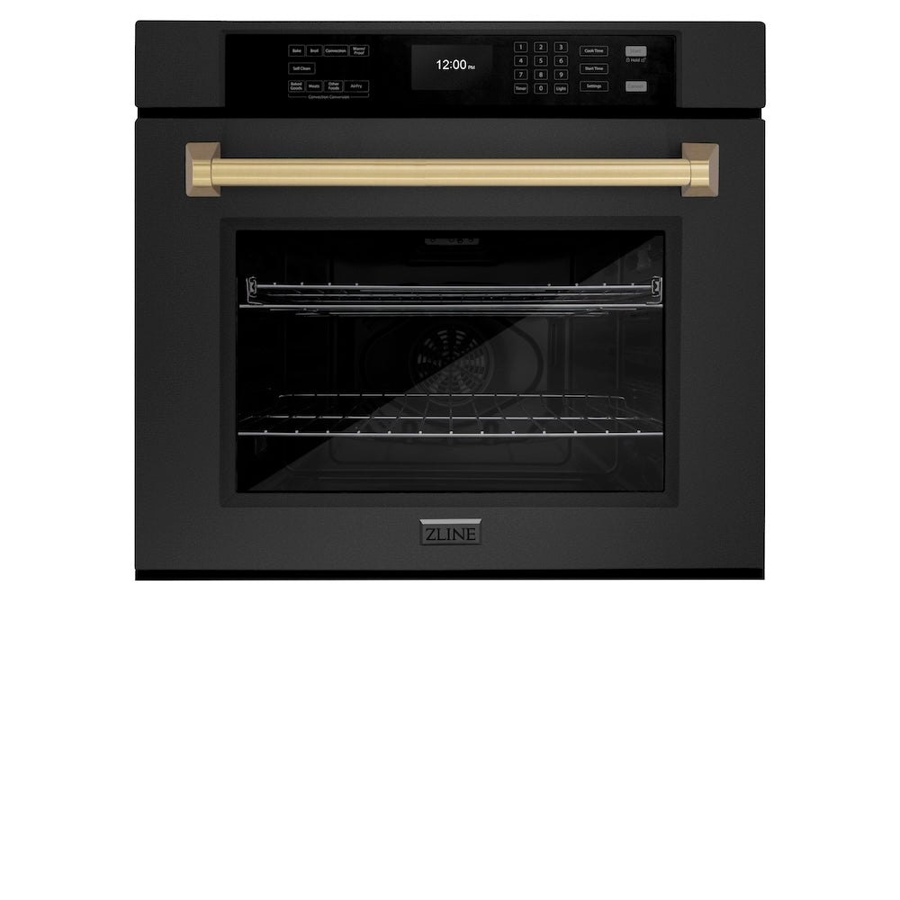 ZLINE Autograph Edition 30 in. Professional True Convection Single Wall Oven with Air Fry and Self Clean in Black Stainless Steel with Champagne Bronze Handle (WASBZ-30-CB) - (WASBZ30CB) -