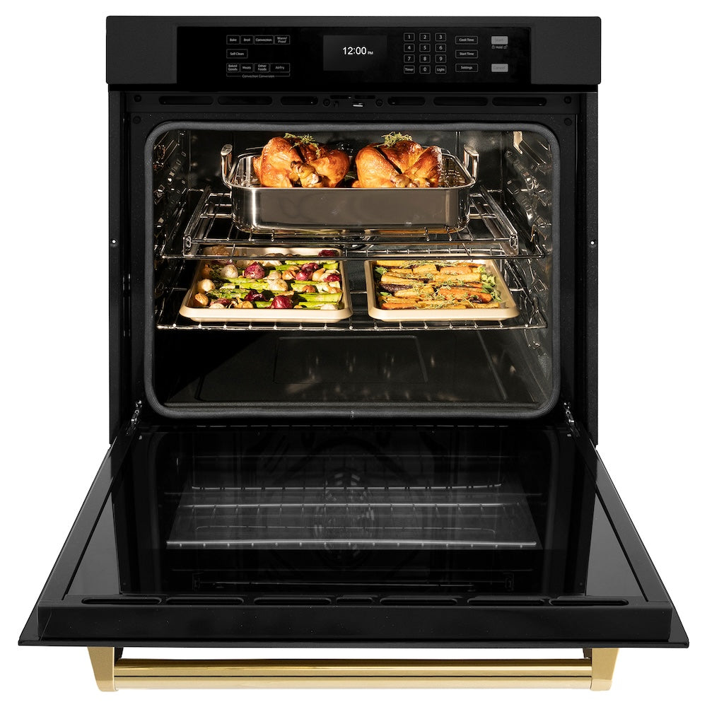 ZLINE Autograph Edition 30 in. Professional True Convection Single Wall Oven with Air Fry and Self Clean in Black Stainless Steel with Polished Gold Handle (WASBZ-30-G) - (WASBZ30G) -