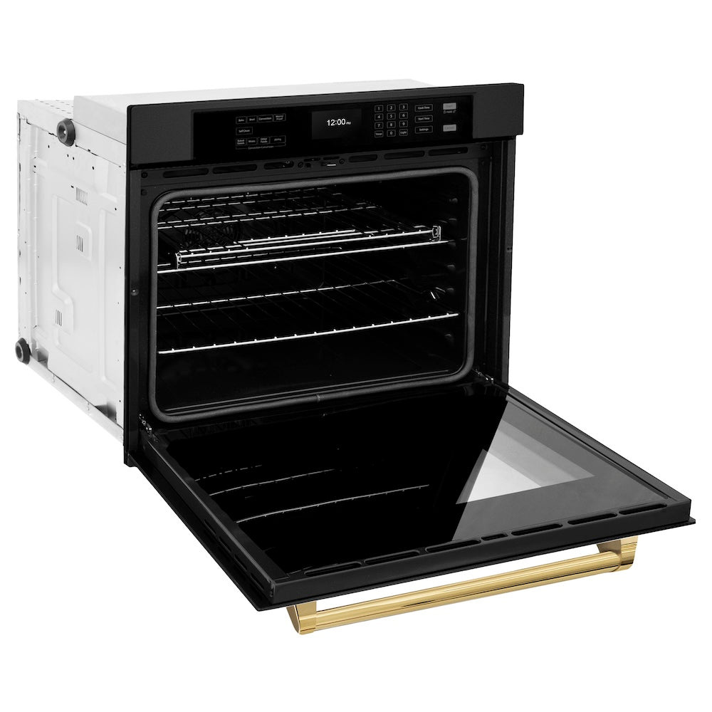 ZLINE Autograph Edition 30 in. Professional True Convection Single Wall Oven with Air Fry and Self Clean in Black Stainless Steel with Polished Gold Handle (WASBZ-30-G) - (WASBZ30G) -