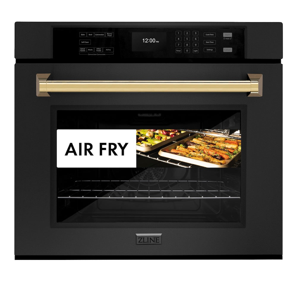 ZLINE Autograph Edition 30 in. Professional True Convection Single Wall Oven with Air Fry and Self Clean in Black Stainless Steel with Polished Gold Handle (WASBZ-30-G) - (WASBZ30G) -