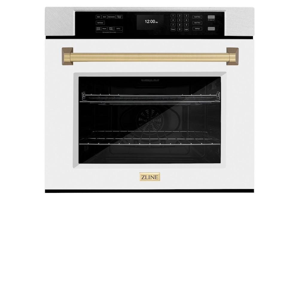 ZLINE Autograph Edition 30 in. Professional True Convection Single Wall Oven with Air Fry and Self Clean in Satin Stainless Steel with White Matte Door and Champagne Bronze Handle (WASSZ-WM-30-CB) - (WASSZWM30CB) -