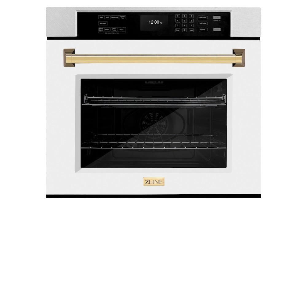 ZLINE Autograph Edition 30 in. Professional True Convection Single Wall Oven with Air Fry and Self Clean in Satin Stainless Steel with White Matte Door and Polished Gold Handle (WASSZ-WM-30-G) - (WASSZWM30G) -