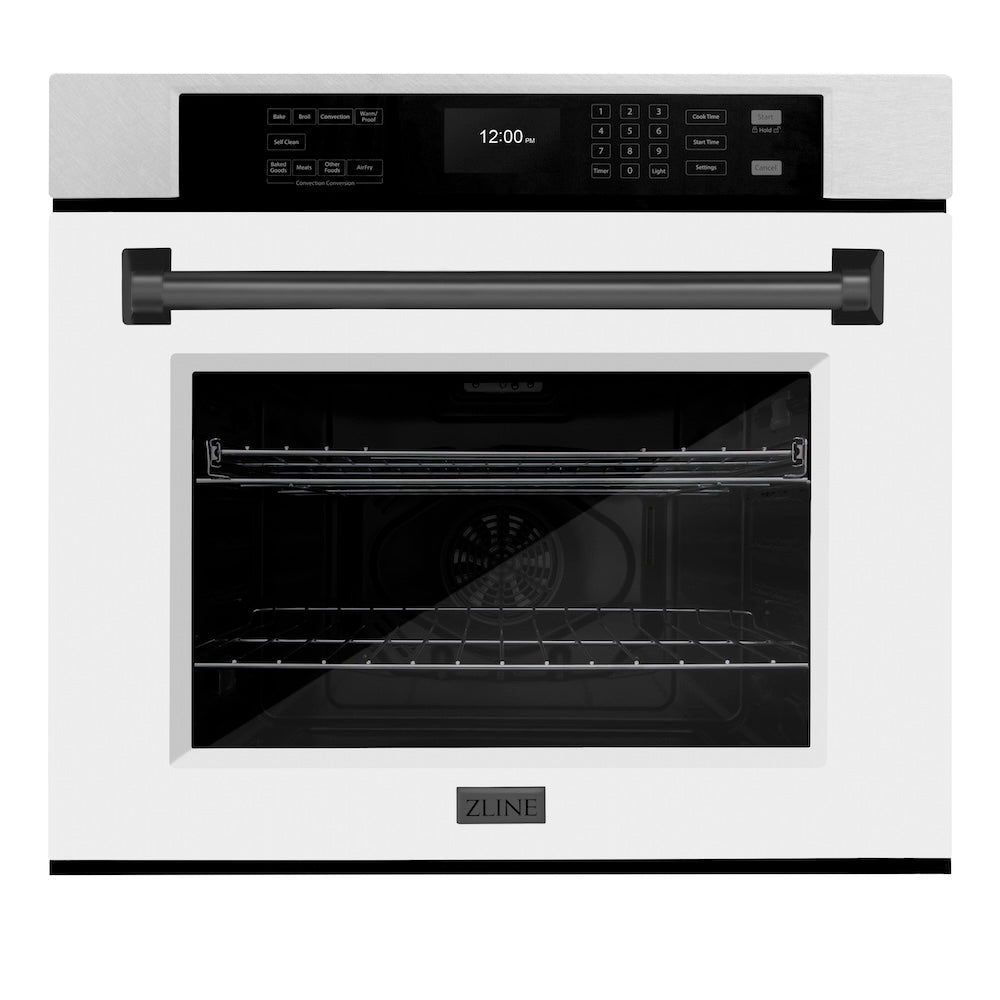 ZLINE Autograph Edition 30 in. Professional True Convection Single Wall Oven with Air Fry and Self Clean in Satin Stainless Steel with White Matte Door and Matte Black Handle (WASSZ-WM-30-MB) - (WASSZWM30MB) -