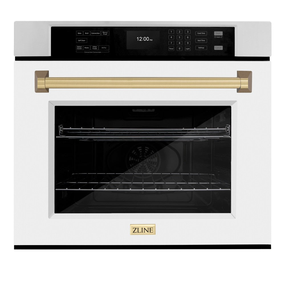 ZLINE Autograph Edition 30 in. Professional True Convection Single Wall Oven with Air Fry and Self Clean in Stainless Steel with White Matte Door and Champagne Bronze Handle (WASZ-WM-30-CB) - (WASZWM30CB) -
