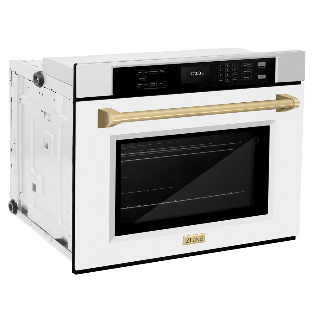 ZLINE Autograph Edition 30 in. Professional True Convection Single Wall Oven with Air Fry and Self Clean in Stainless Steel with White Matte Door and Champagne Bronze Handle (WASZ-WM-30-CB) - (WASZWM30CB) -