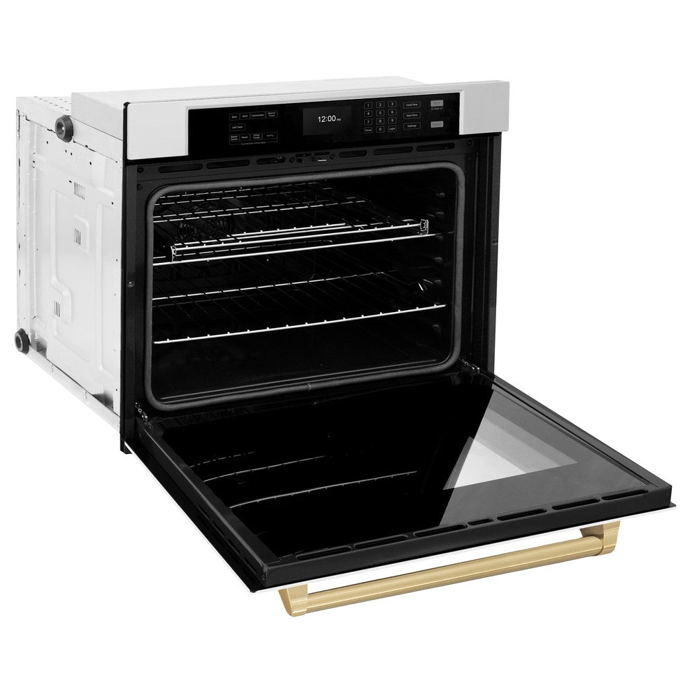 ZLINE Autograph Edition 30 in. Professional True Convection Single Wall Oven with Air Fry and Self Clean in Stainless Steel with White Matte Door and Champagne Bronze Handle (WASZ-WM-30-CB) - (WASZWM30CB) -
