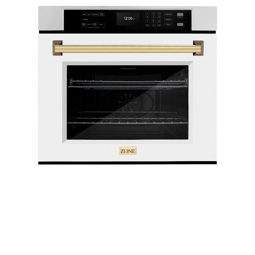 ZLINE Autograph Edition 30 in. Professional True Convection Single Wall Oven with Air Fry and Self Clean in Stainless Steel with White Matte Door and Polished Gold Handle (WASZ-WM-30-G) - (WASZWM30G) -