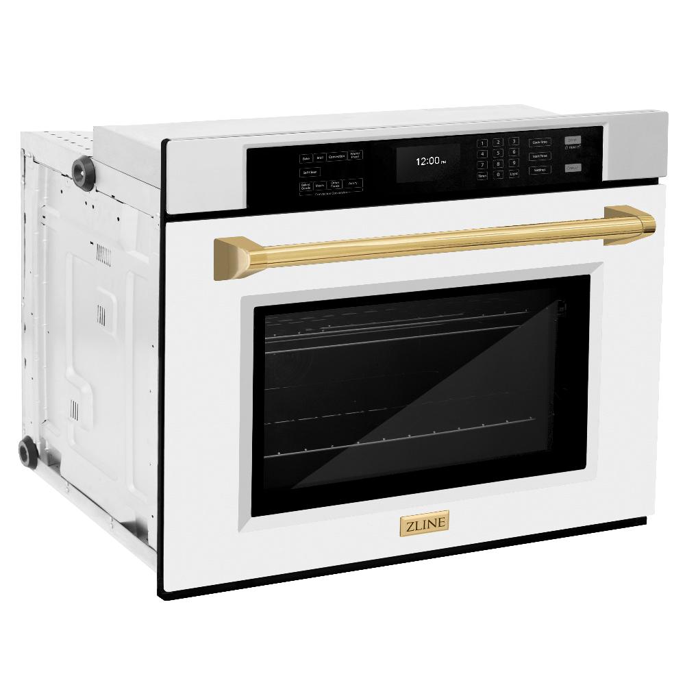 ZLINE Autograph Edition 30 in. Professional True Convection Single Wall Oven with Air Fry and Self Clean in Stainless Steel with White Matte Door and Polished Gold Handle (WASZ-WM-30-G) - (WASZWM30G) -
