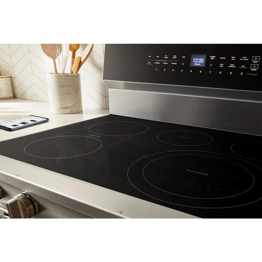 30-inch Electric Smart Range with Air Cooking Technology, No Preheat Air Fry, High Speed Preheat Oven, WipeClean™ Coating, and Steam/Self Clean - (WFES7530RW)