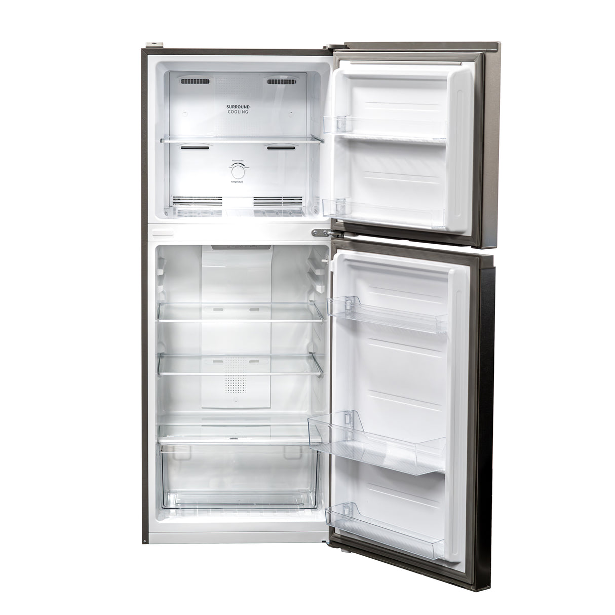 Danby WFF100SL refrigerator with doors open showing interior shelving