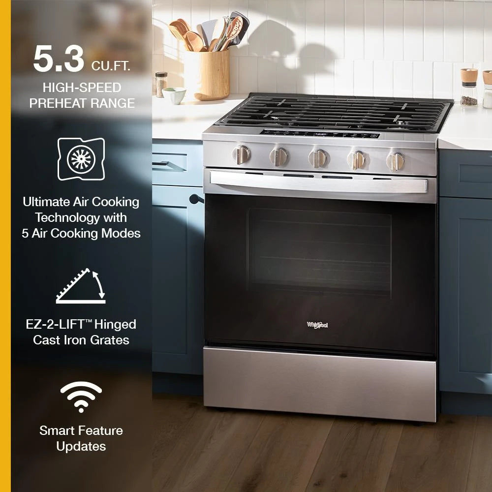 WSGS7530RZ- Whirlpool 30-inch Smart Slide In Gas Range with Air Cooking Technology, No Preheat Air Fry, Steam/Self Clean and High Speed Preheat, Stainless Steel - (WSGS7530RZ)