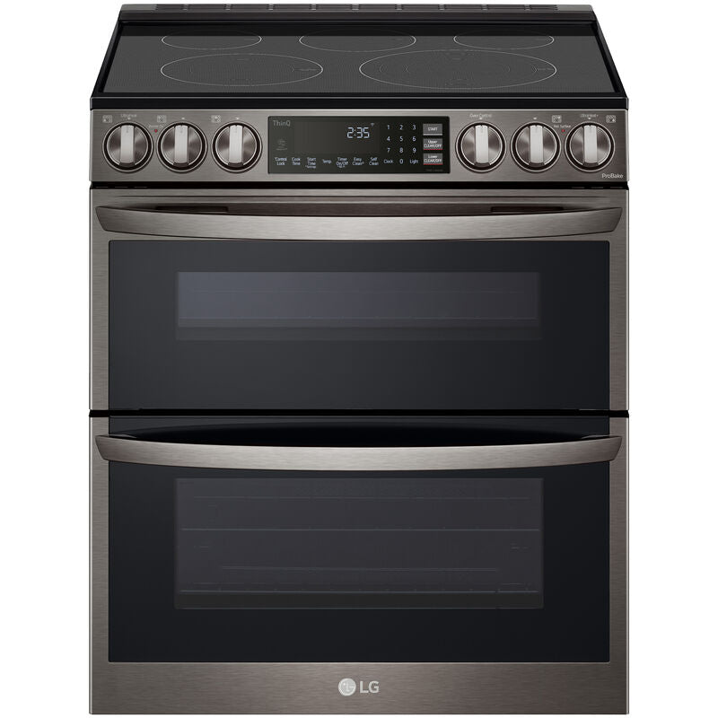 LG LTEL7337D InstaView 30 in. 7.3 cu. ft. Smart Air Fry True European Convection Double Oven Slide-In Electric Range with Smoothtop Burners - PrintProof Black Stainless Steel
