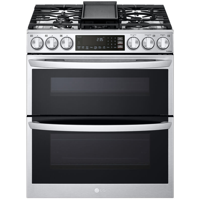 LG LTGL6937F 30 in. 6.9 cu. ft. Smart Air Fry True European Convection Double Oven Slide-In Gas Range with 5 Sealed Burners & Griddle - PrintProof Stainless Steel