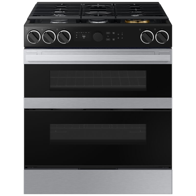 Samsung NSY6DG8550SR Bespoke 30 in. 6.1 cu. ft. Smart Air Fry True European Convection Double Oven Slide-In Dual Fuel Range with 5 Sealed Burners & Griddle - Stainless Steel
