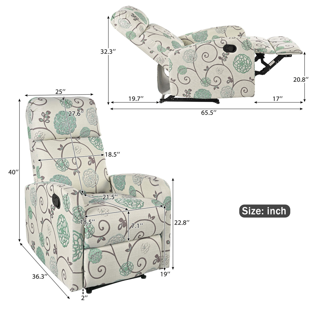 Modern Manual Recliner, Home Theater Chair With Adjustable Backrest For Living Room - Beige / Blue