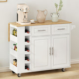 Kitchen Island Cart With 2 Door Cabinet, 2 Drawers, Spice Rack, Towel Holder, Wine Rack, And Foldable Top - White