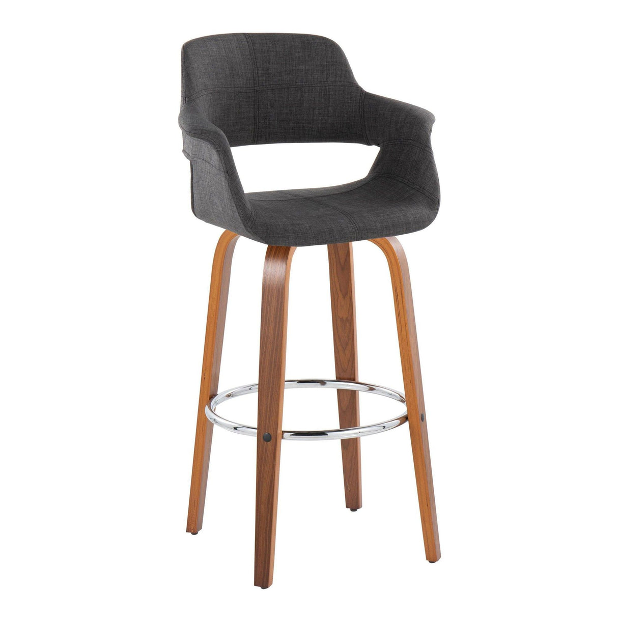 Vintage Flair - Mid-Century Modern Fixed-Height Swivel Barstool (Set of 2) - Walnut Wood And Charcoal Fabric With Round Chrome Metal Footrest