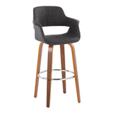Vintage Flair - Mid-Century Modern Fixed-Height Swivel Barstool (Set of 2) - Walnut Wood And Charcoal Fabric With Round Chrome Metal Footrest