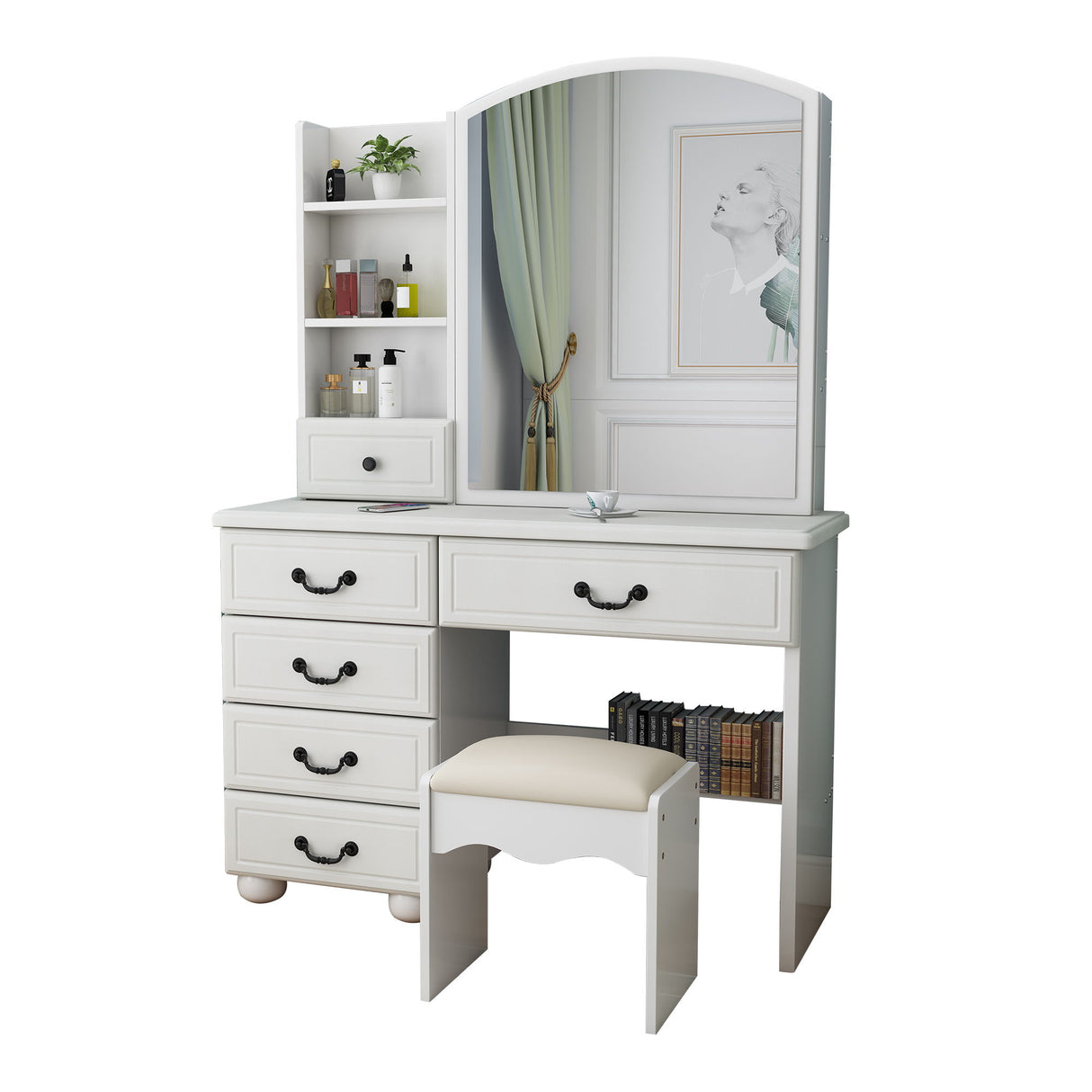 Fashion Vanity Desk With Mirror And Adjustable Lighting, 6 Drawers, 3 Color Light Modes - White