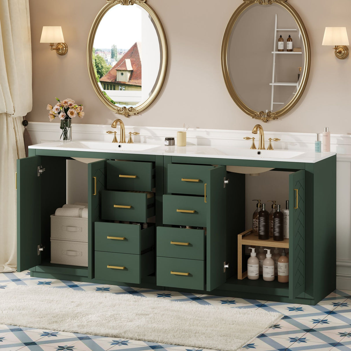Modern Bathroom Vanity With Ceramic Sink, 6 Drawers & Soft-Close Doors