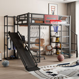 Loft Bed With Built In Desk, Open Wardrobe, Basketball Hoop, Slide And Staircase