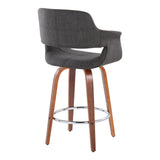 Vintage Flair - Mid-Century Modern Fixed-Height Swivel Counter Stool (Set of 2) - Walnut Wood And Charcoal Fabric With Round Chrome Metal Footrest