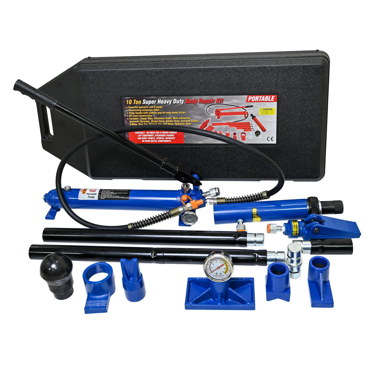 10 Ton Portable Hydraulic Equipment Kit For Metal Work - Black / Blue