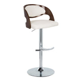 Pino - Mid-Century Modern Adjustable Swivel Barstool (Set of 2) - Chrome Metal, Cherry Wood And White Faux Leather With Rounded T Footrest