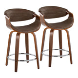 Symphony - 24" Fixed-Height Counter Stool With Swivel And Round Chrome Metal Footrest (Set of 2) - Walnut Wood
