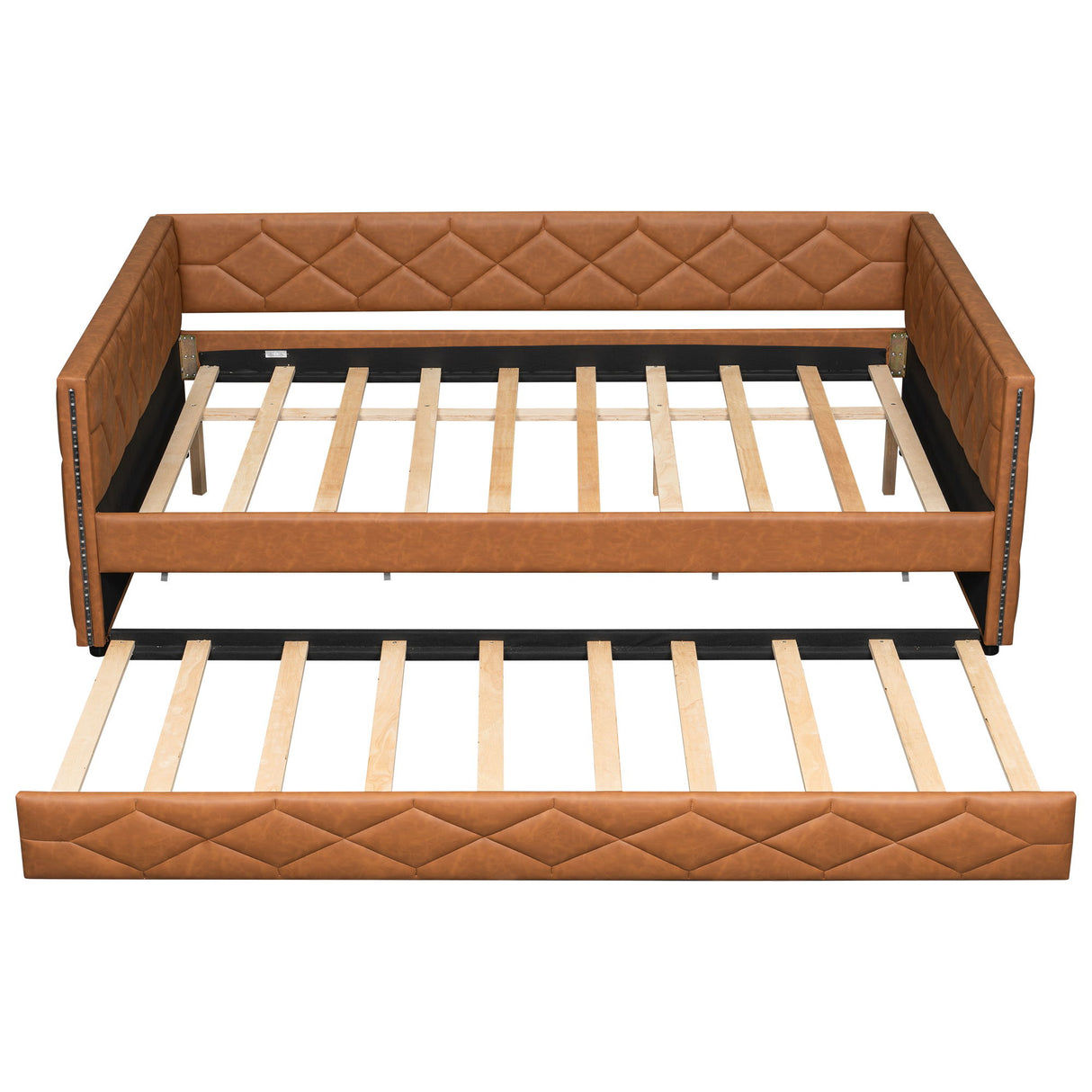 Upholstered Full Long Daybed With Trundle And LED Armrests - Brown