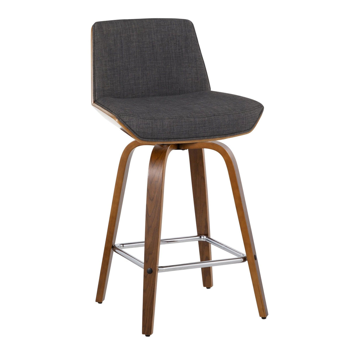 Corazza - Mid-Century Modern Fixed-Height Swivel Counter Stool (Set of 2) - Walnut Wood And Charcoal Fabric With Square Chrome Metal Footrest