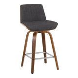 Corazza - Mid-Century Modern Fixed-Height Swivel Counter Stool (Set of 2) - Walnut Wood And Charcoal Fabric With Square Chrome Metal Footrest