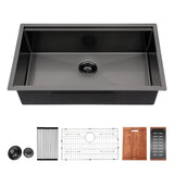 Gunmetal Black Workstation Kitchen Sink 23X18X10" Single Bowl Undermount Stainless Steel 16 Gauge With Cutting Board And Accessories