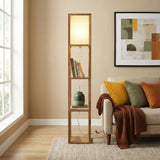 Pinnacle - Shelf Floor Lamp For Bedroom / Living Room, Long Shade - Natural Wood / White