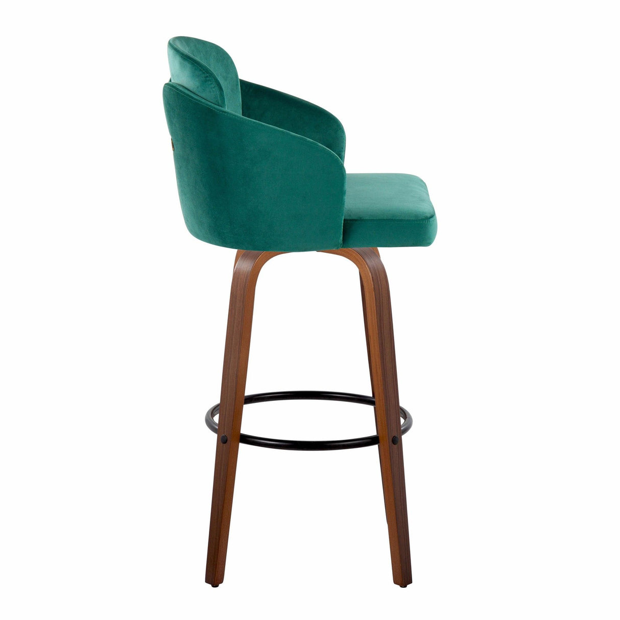 Dahlia - Fixed-Height Barstool (Set of 2) - Walnut Wood, Green Velvet, Black Metal, Gold Metal