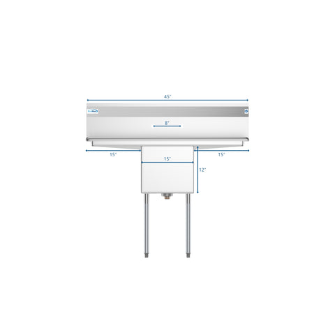45 in. One compartment Stainless Steel Commercial Sink with Drainboards and Faucet, Bowl Size 15"x 15"x 12" (SA151512-15B3FA)